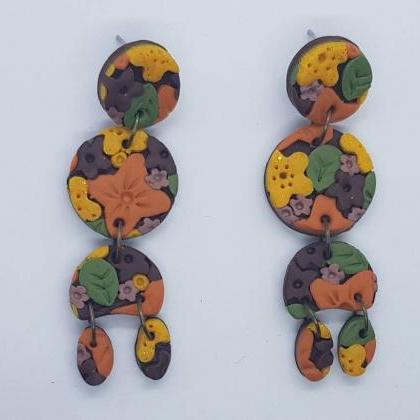 Dangle Flower Brown Long Polymer Clay Statement..