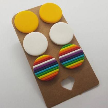 3 Pack Round Studs Polymerclay Earrings Rainbow..