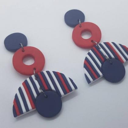 Stripes Round Statement Polymerclay Earrings Red..