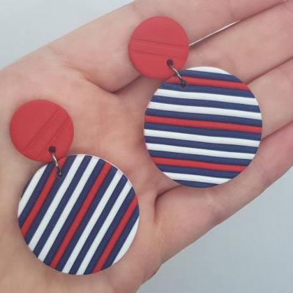 Stripes Round Statement Polymerclay Earrings Red..
