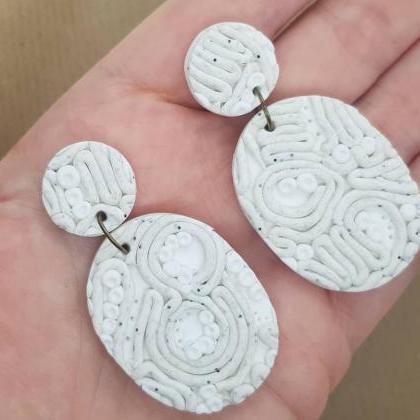 Oval Beige White Embroidery Polymerclay Statement..