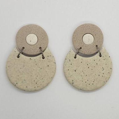 Round Beige Brown Polymerclay Statement Earrings..