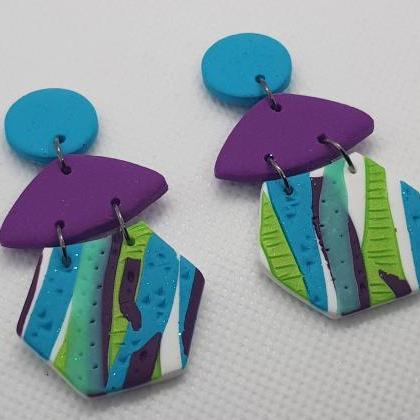 Exagon Green Turquoise Statement Earrings Polymer..