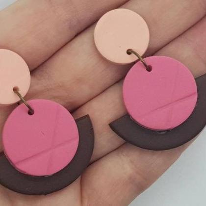 Pink Fuchsia Brown Polymerclay Statement Earrings..