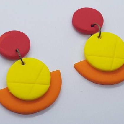 Yellow Red Orange Polymerclay Statement Earrings..