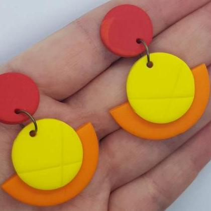 Yellow Red Orange Polymerclay Statement Earrings..