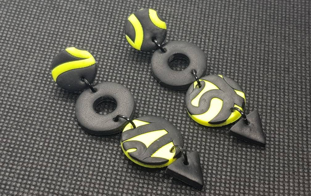 Style 50- Dangle Polymer Clay Style Earrings Orecchini Black Neon Yellow Summer