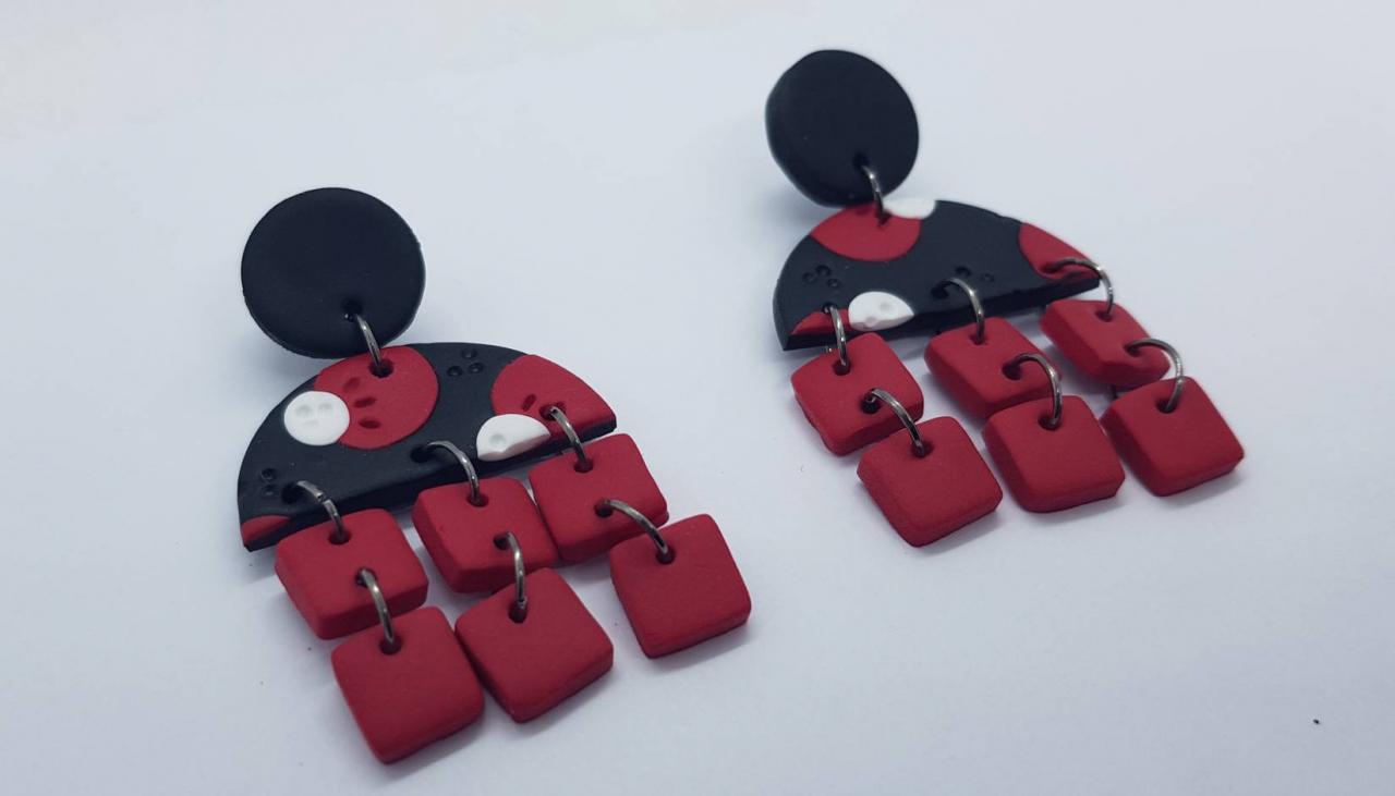 Round Square Black Red Polymerclay Statement Earrings Polymer Clay Orecchini Tondi