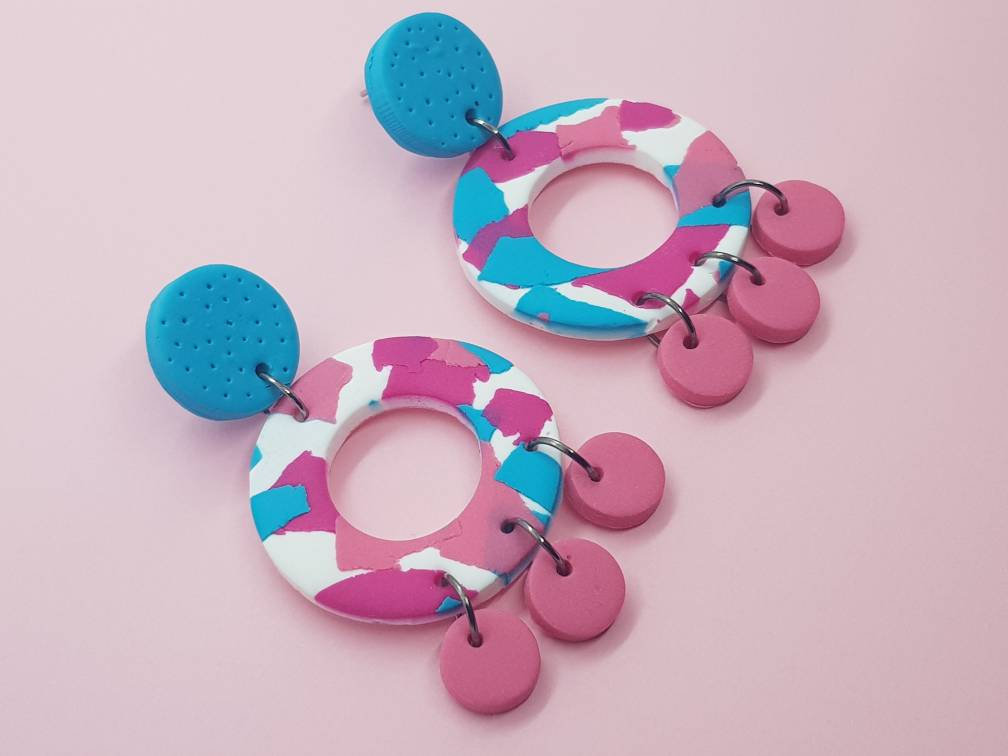 Turquoise Pink Retro Colorful Summer Polymerclay Statement Earrings Polymer Clay Orecchini