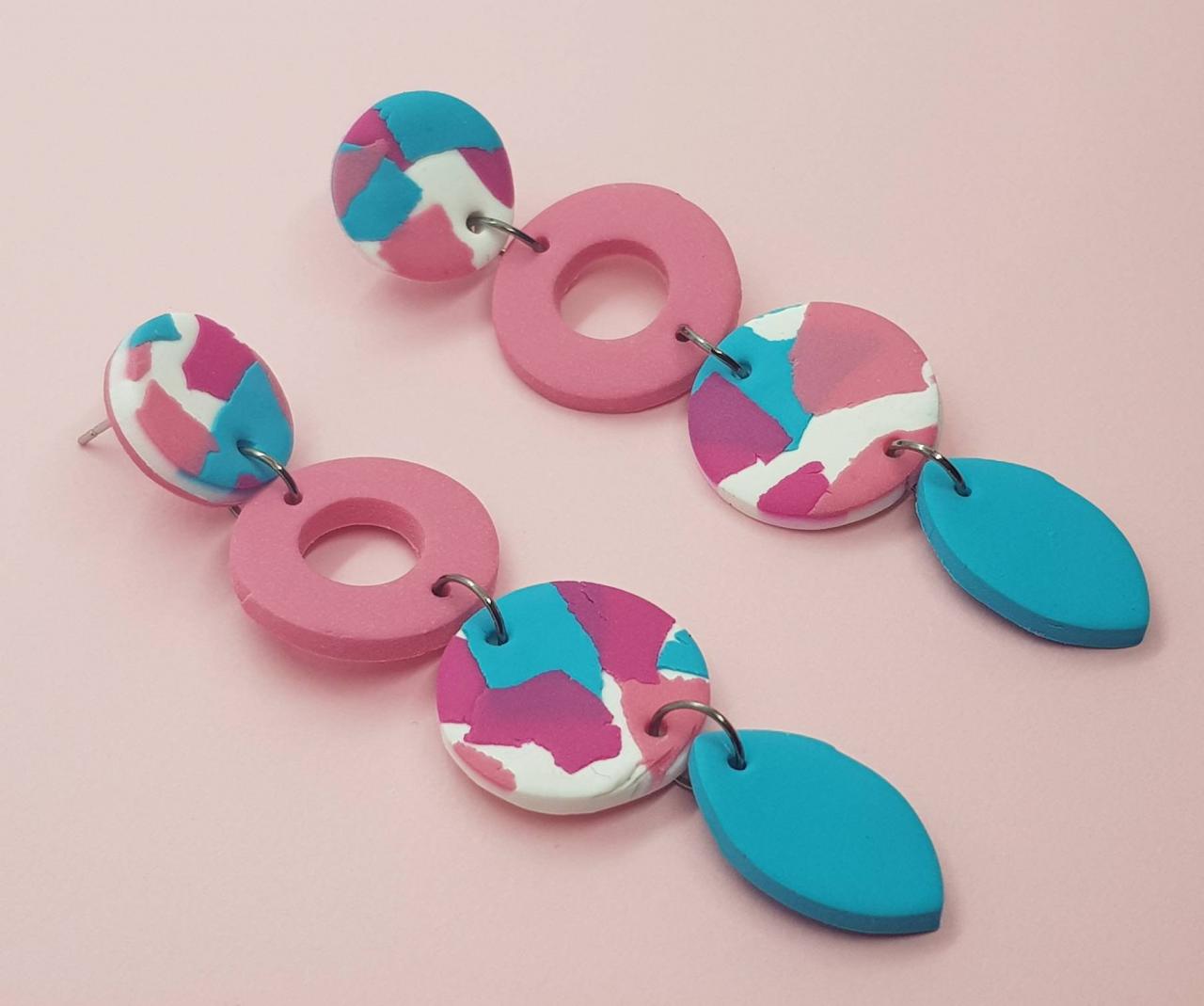 Turquoise Pink Retro Colorful Summer Polymerclay Statement Earrings Polymer Clay Orecchini Turchesi
