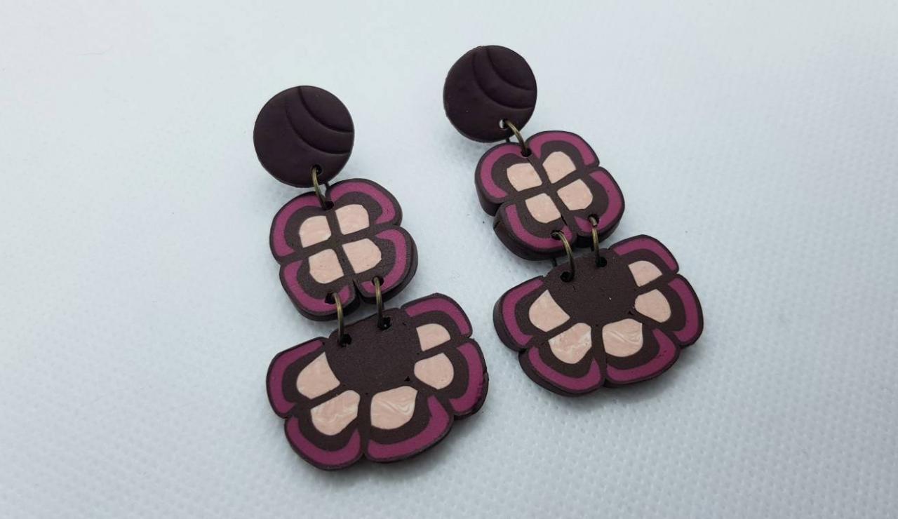 Dangle Brown Pink Fucsia Retro Polymer Clay Statement Earrings Polymerclay Marrone Italy Geometric Florals.
