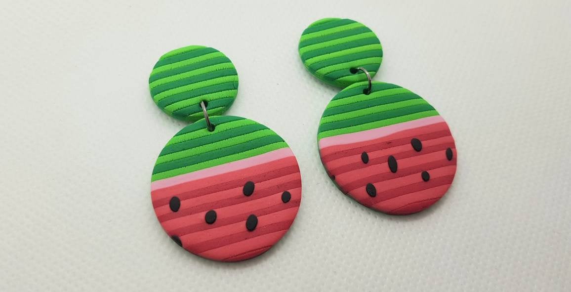 Watermelon Statement Modern Round Funky Polymerclay Stripes Geometric Earrings Polymer Clay Orecchini Italy Anguria Tondo Funny
