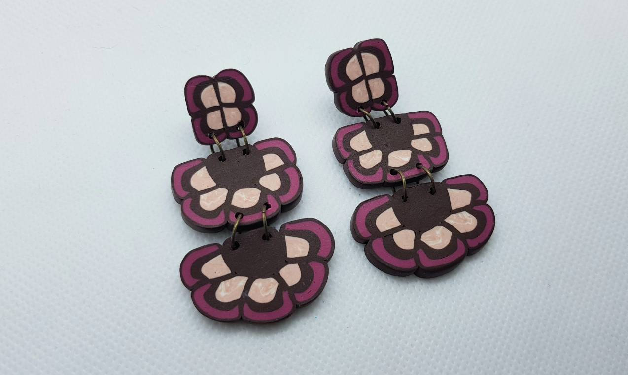 Dangle Brown Pink Fucsia Retro Polymer Clay Statement Earrings Polymer Clay Marrone Italy Geometric Florals.