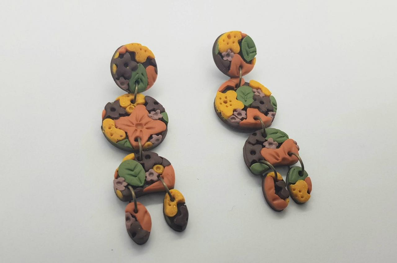 Dangle Flower Brown Long Polymer Clay Statement Earrings Polymerclay