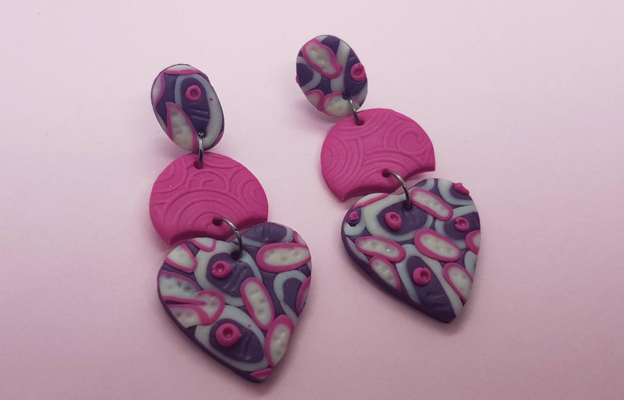 Purple Fuchsia Style Heart Dangle Polymerclay Statement Earrings Polymer Clay