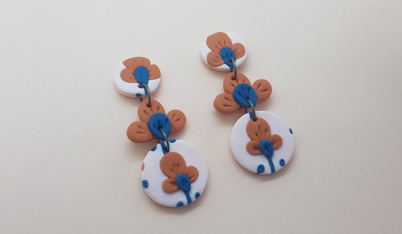 Dangle Florals Polymerclay Starebbe Earrings, Orecchini Pendenti Made In Italy Fiore Handmade Rettangolari