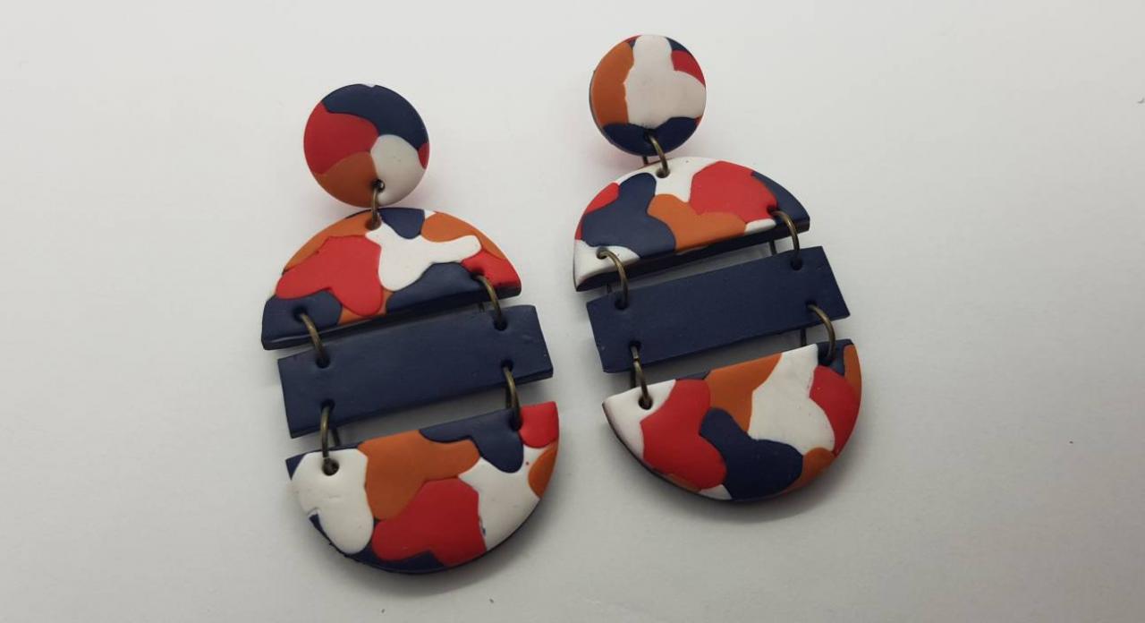 Dangle Oval Blu Red Orange Retro Polymer Clay Statement Earrings Polymerclay