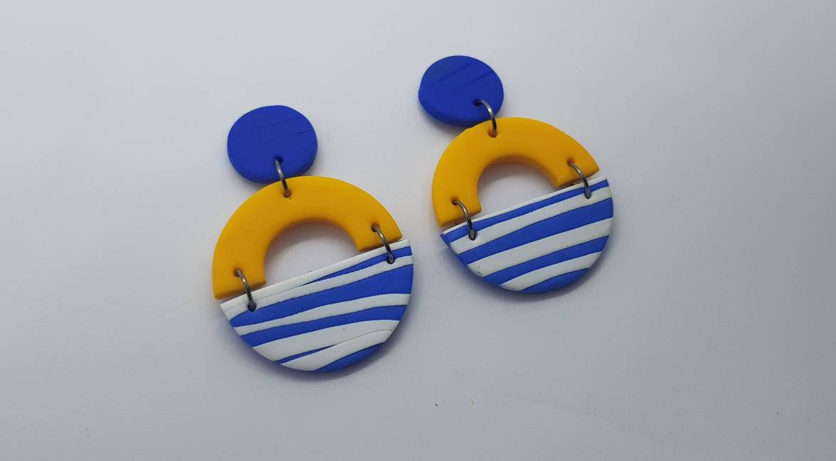 Stripes Round Statement Polymerclay Earrings Yellow Blu Nautical Polymer Clay Orecchini Fasce Giallo Blu Nautica Rotondi