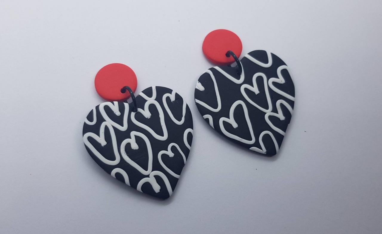 Heart Cuori Statement Earrings Polymer Clay Orecchini Cuore 80s Black White