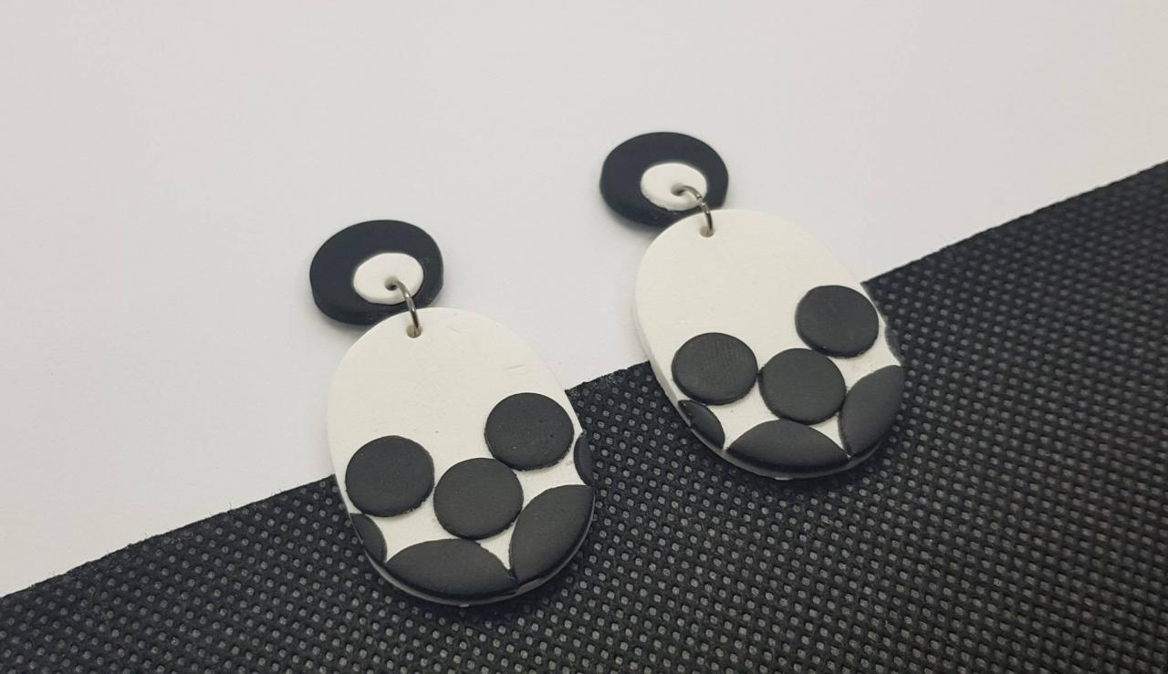 Black White Dots Pattern Oval Statement Polymerclay Geometric Earrings Polymer Clay Orecchini Anni Vintage Ovale Bianco Nero Pois