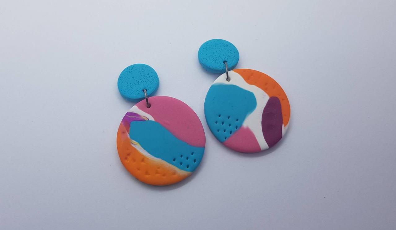 Marble Effect Waves Pattern Statement Polymerclay Earrings Colorful Polymer Clay Orecchini Anni Vintage Rotondo Marmo Effetto Onda Celeste