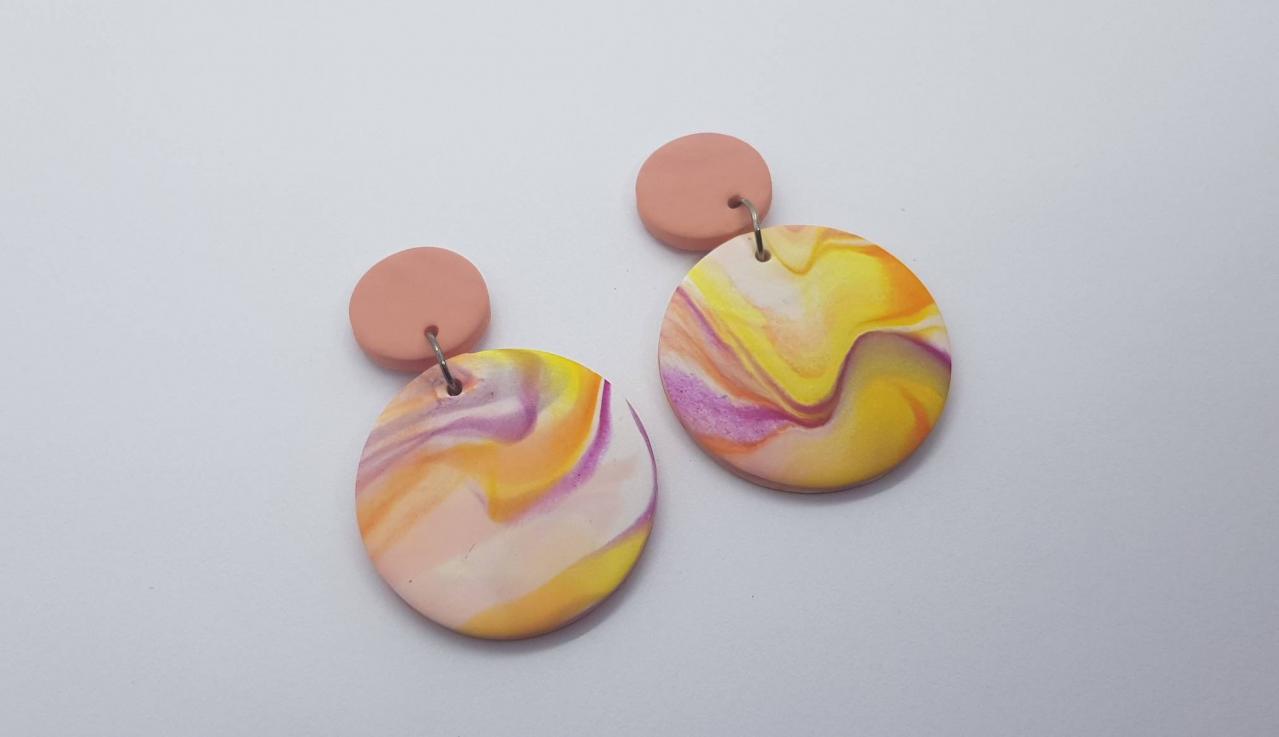 Marble Effect Waves Pattern Statement Polymerclay Earrings Colorful Yellow Polymer Clay Orecchini Anni Vintage Rotondo Marmo Effetto Onda
