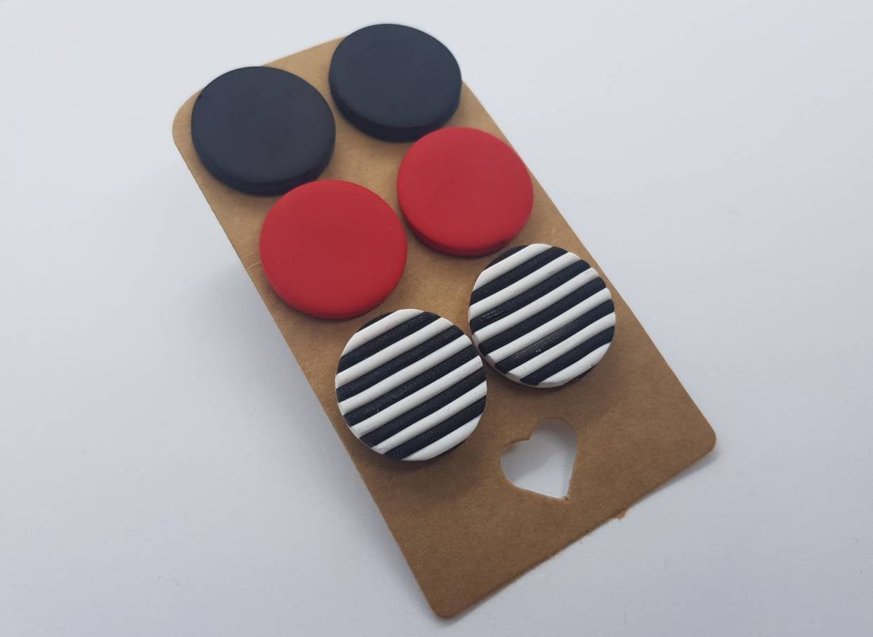 3 Pack Round Studs Polymerclay Earrings Stripes Black Red Colorful Polymer Clay Orecchini Bottone Fasce Rotondi Borchie
