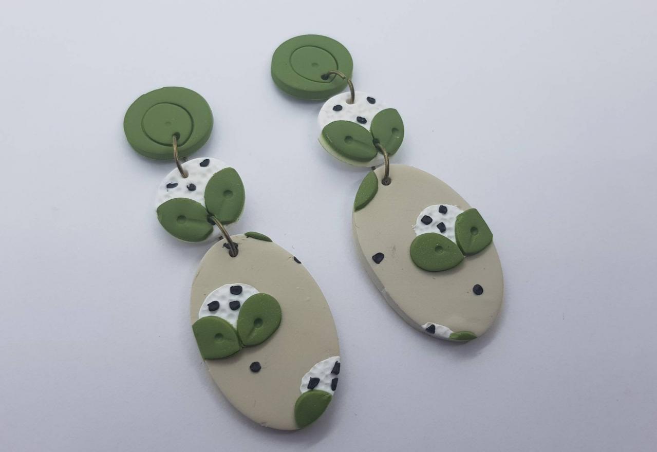 Green Handmade Polymerclay Flower Oval Statement Earrings Orecchini Verde Cerchio Ovale Fiori