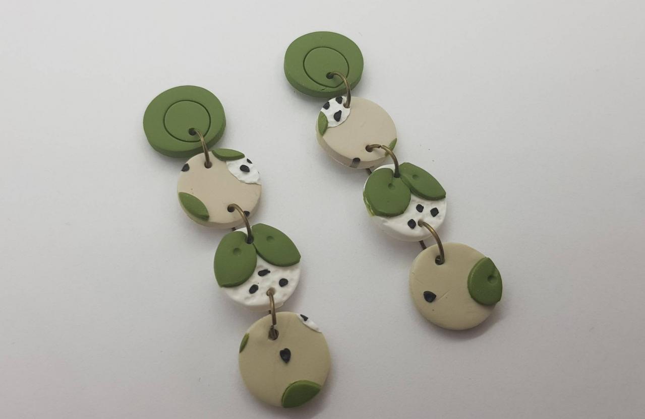 Green Handmade Polymerclay Flower Round Statement Earrings Orecchini Verde Cerchio Tondo Fiori