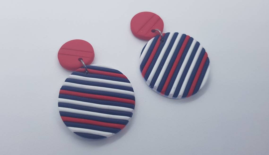 Stripes Round Statement Polymerclay Earrings Red Blu Nautical Polymer Clay Orecchini Fasce Rosso Blu Nautica Rotondi