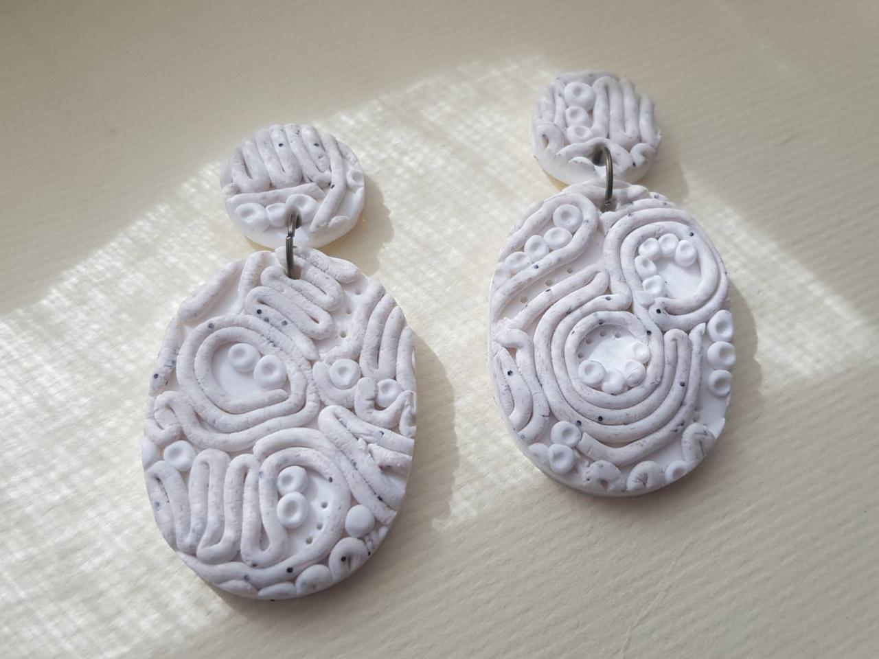 Oval Beige White Embroidery Polymerclay Statement Earrings Polymer Clay Orecchini Granite Ricamo