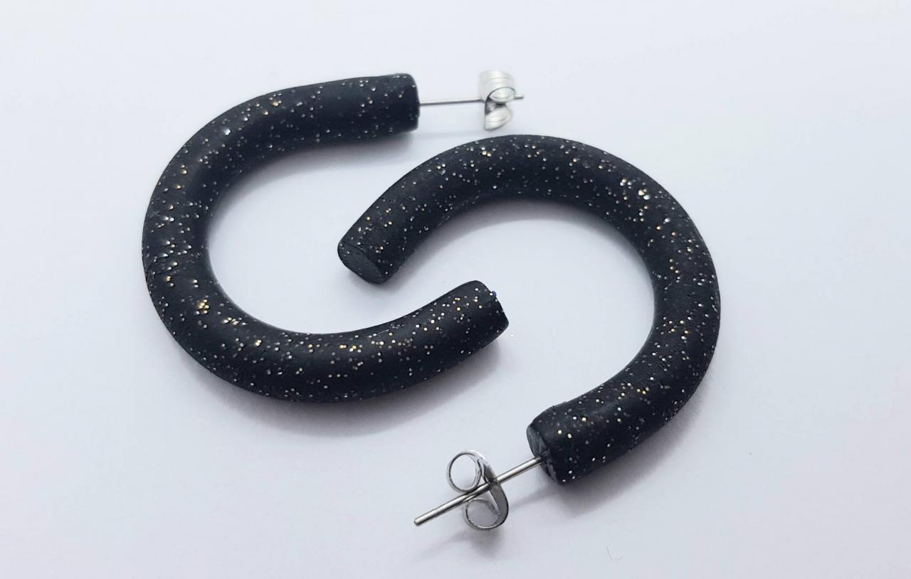 Hoops Black Sparkling Cerchi Statement Earrings Polymer Clay Orecchini Summer 80s Nero Glitter