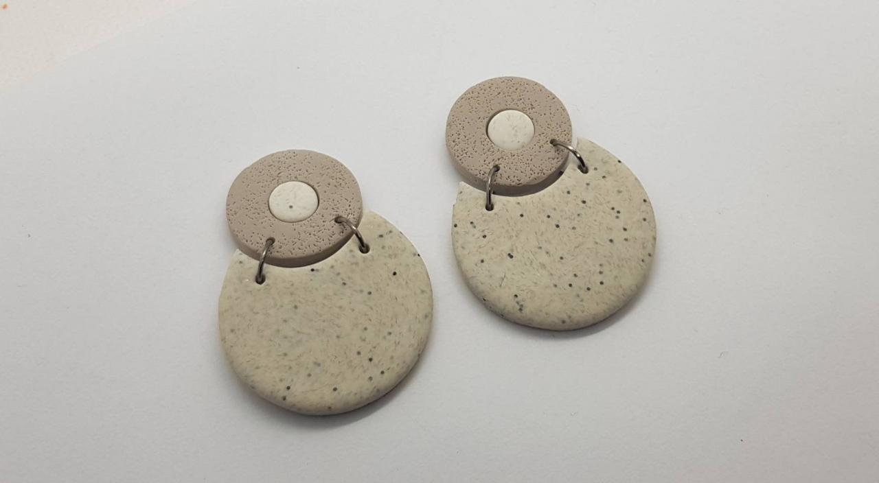 Round Beige Brown Polymerclay Statement Earrings Polymer Clay Orecchini Granite