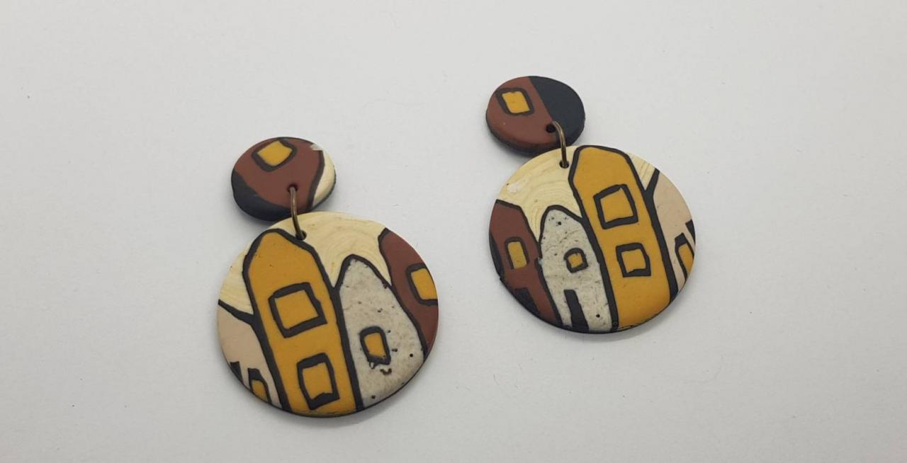 Colourful Village Polymerclay Round Brown Beige Statement Earrings Polymer Clay Orecchini