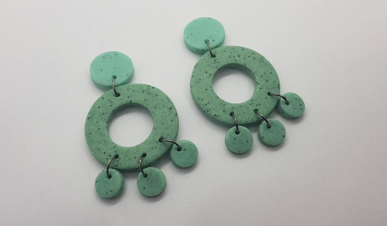 Pale Green Opaline Granite Effect Statement Earrings Round Polymer Clay Orecchini Verde Effetto Granito 80s