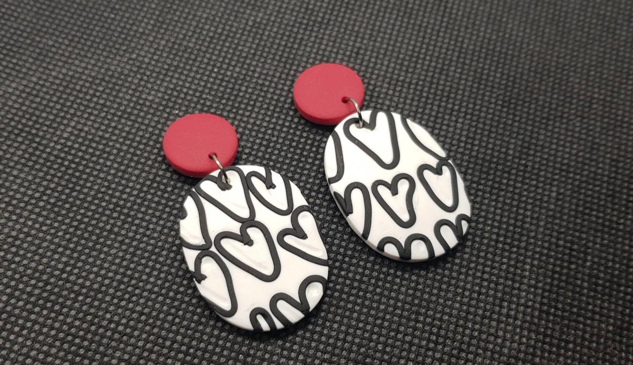 Heart Cuori Statement Earrings Polymer Clay Orecchini Cuore 80s Black White