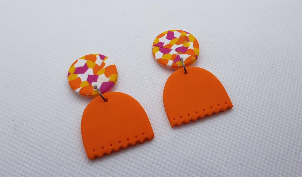 Orange Yellow White Oval Statement Earrings Polymer Clay Orecchini Summer 80s Arancio Giallo Foglia Confetti