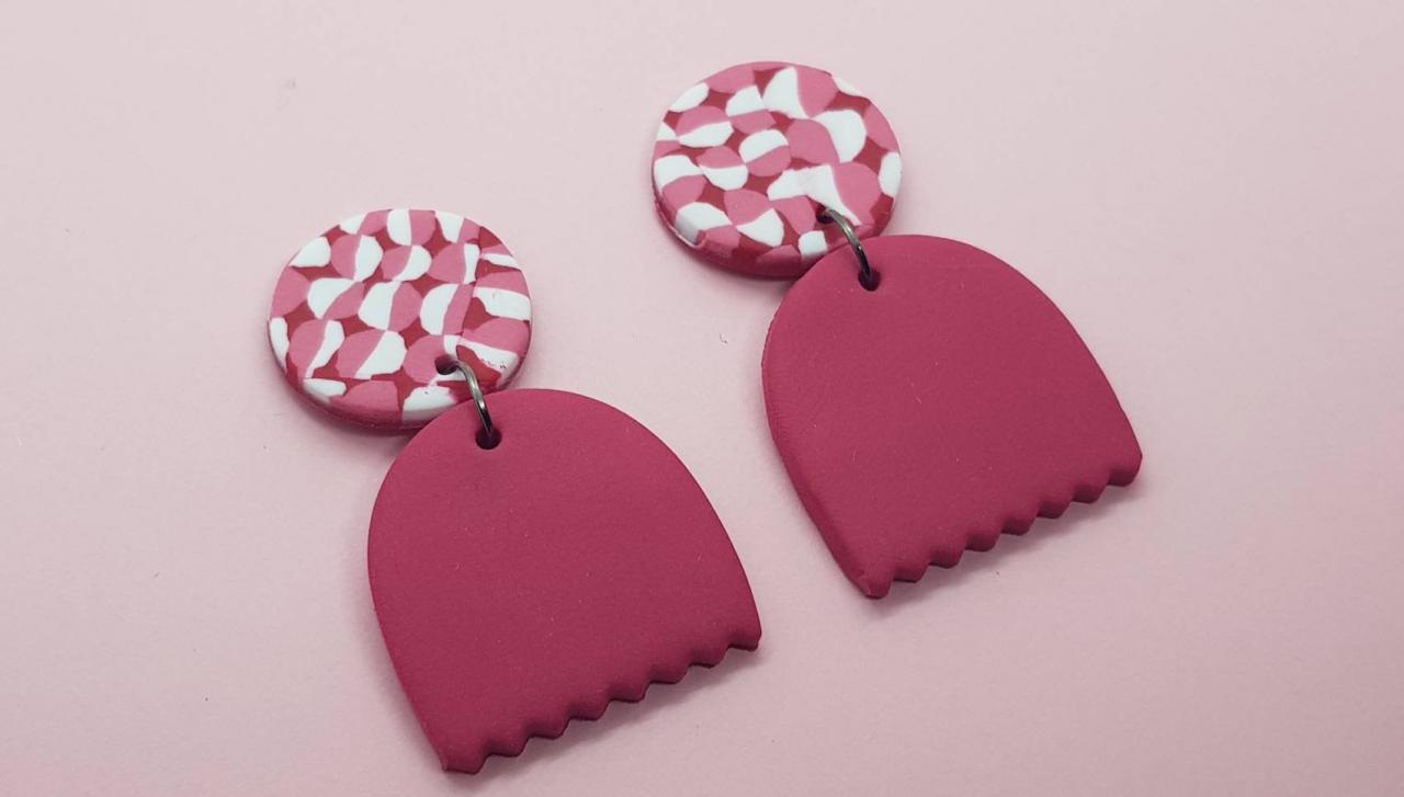 Irregular Pink White Oval Statement Earrings Polymer Clay Orecchini Confetti 80s