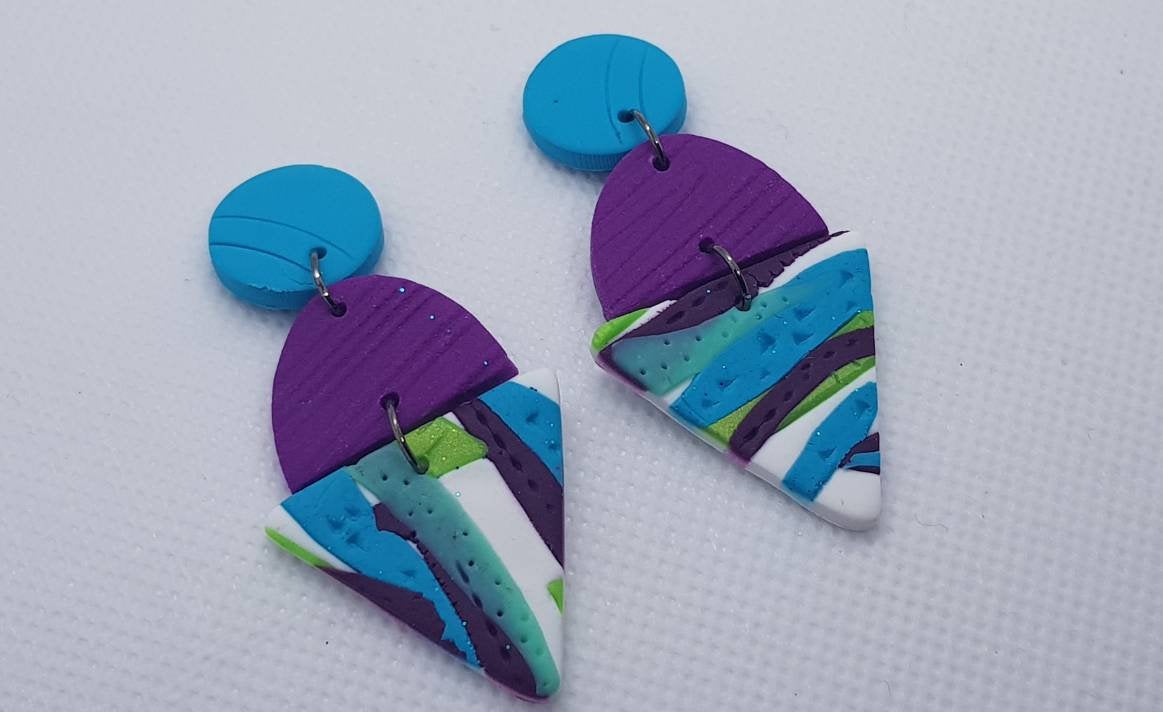 Triangle Green Turquoise Statement Earrings Polymer Clay Orecchini Summer 80s