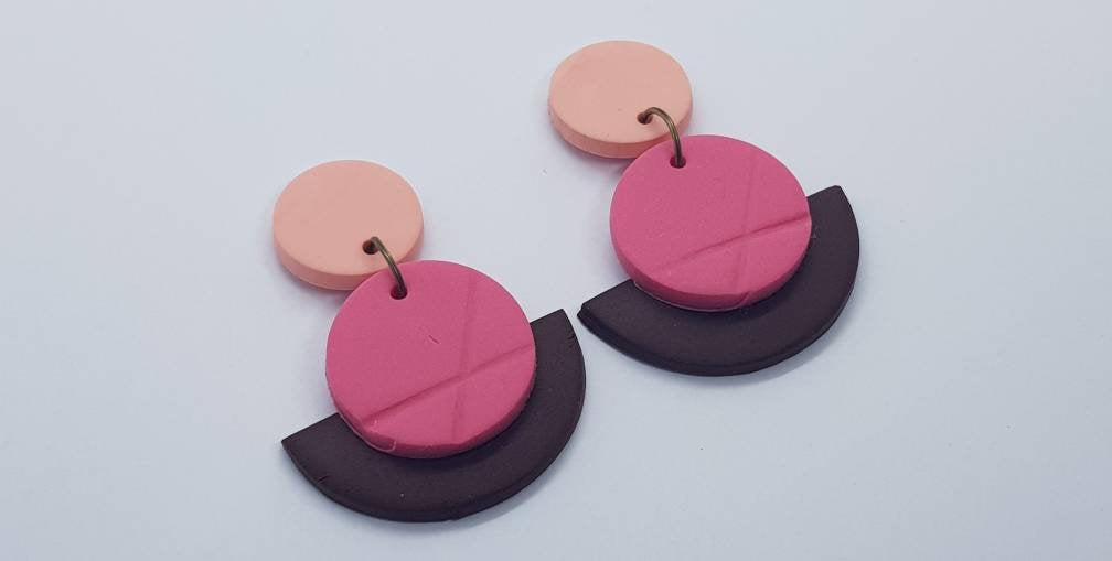 Pink Fuchsia Brown Polymerclay Statement Earrings Polymer Clay Orecchini Round Dangle
