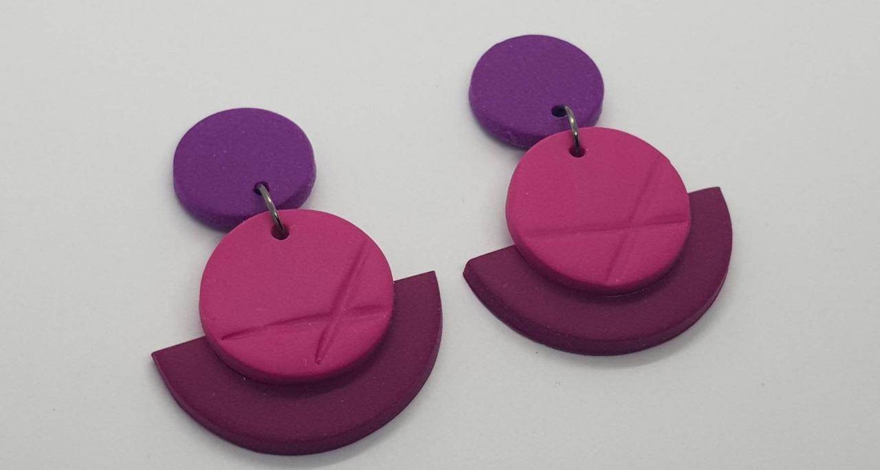 Grapewine Fuchsia Purple Polymerclay Statement Earrings Polymer Clay Orecchini Round Dangle