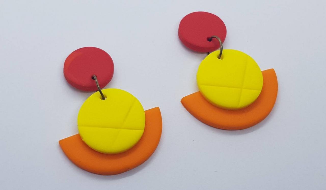 Yellow Red Orange Polymerclay Statement Earrings Polymer Clay Orecchini Round Dangle