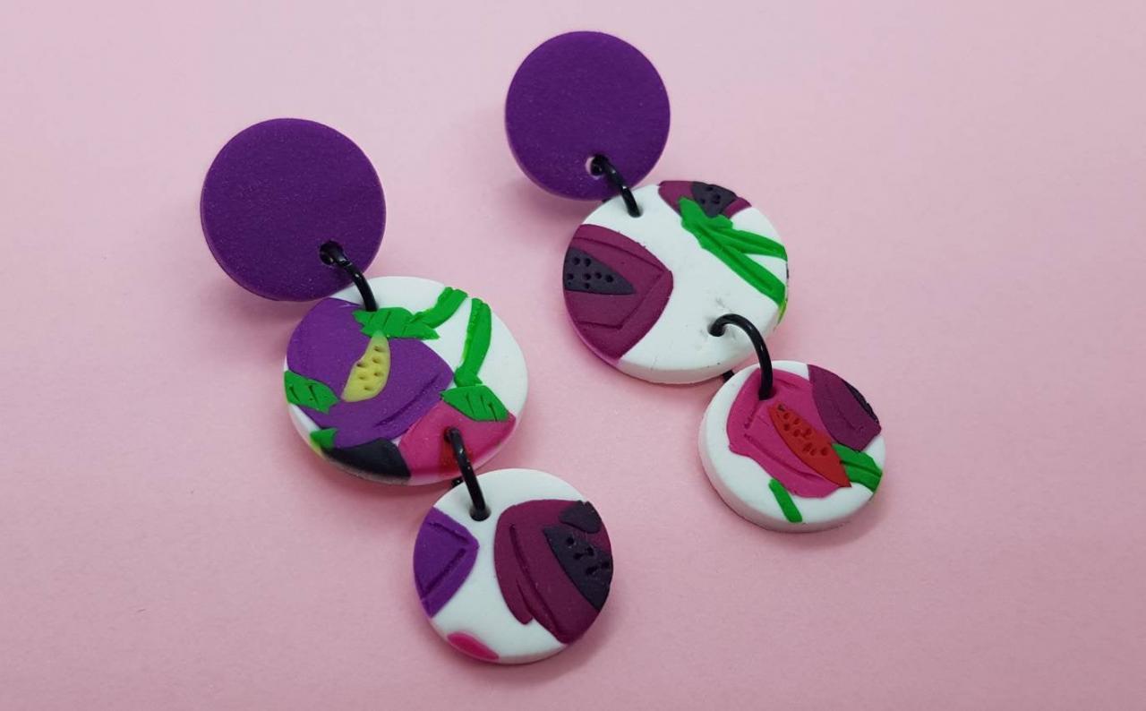 Flowers Polymerclay Statement Earrings Polymer Clay Orecchini Round Dangle Colorful Fiori