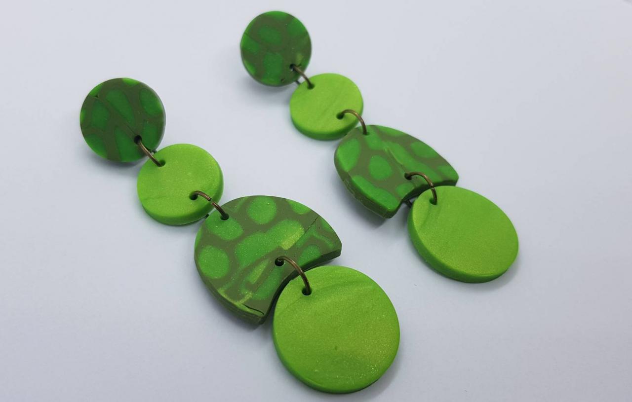 Green Kaki Polymerclay Statement Earrings Polymer Clay Orecchini Round Dangle