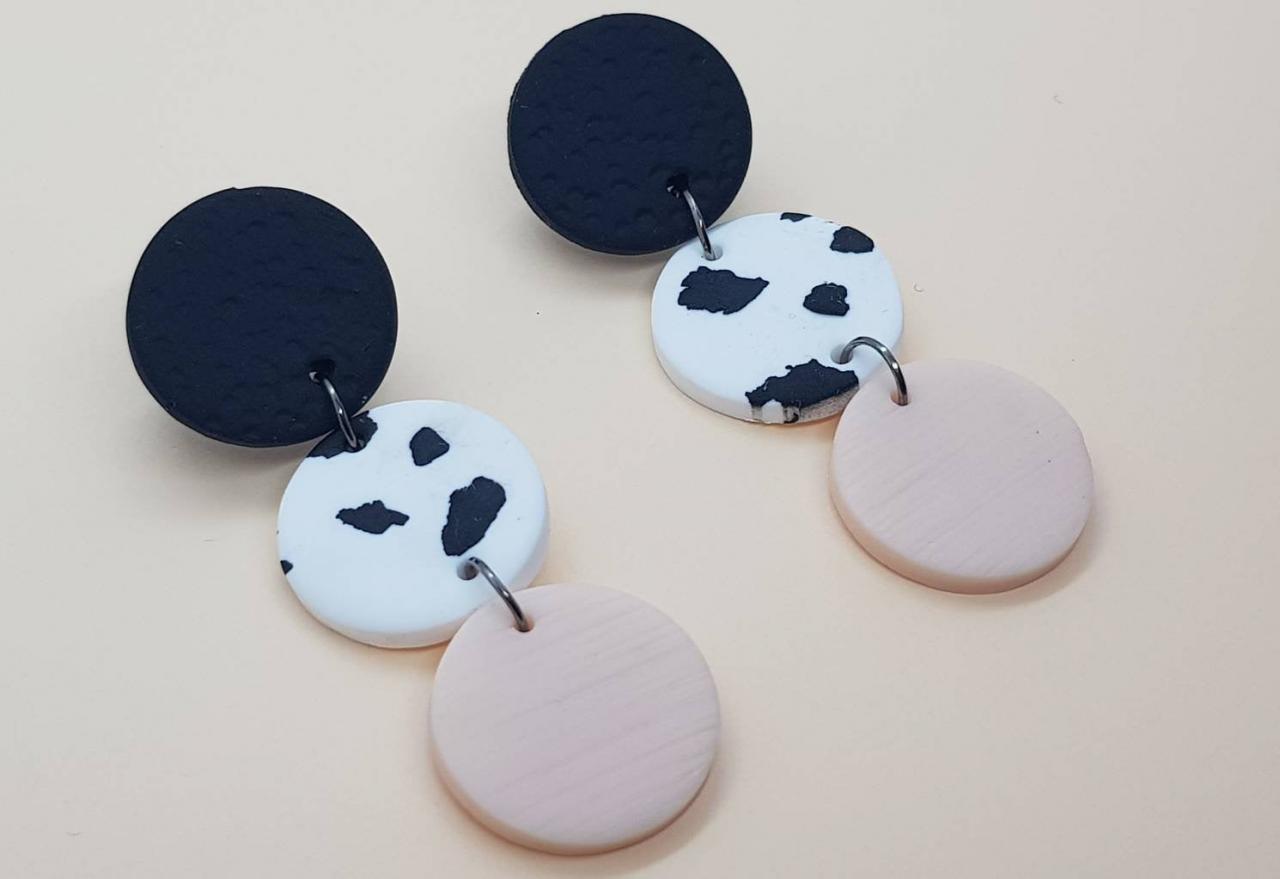Pink White Black Polymerclay Statement Earrings Polymer Clay Orecchini Round Dangle