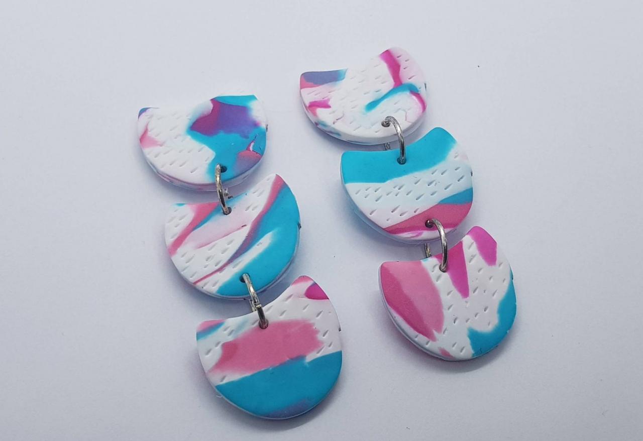 Turquoise Pink Retro Colorful Summer Polymerclay Statement Earrings Polymer Clay Orecchini Turchesi.